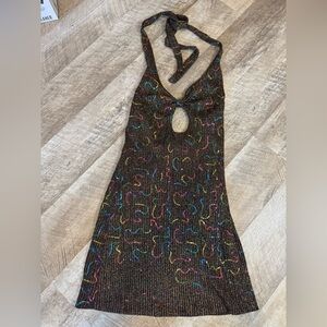 Urban Outfitters MEDIUM stretchy halter dress, black colorful sequins/sparkle